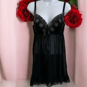 Cacique Chemise 14/16 Sheer Lingerie Black Metallic Silver Embroidery Sexy Teddy